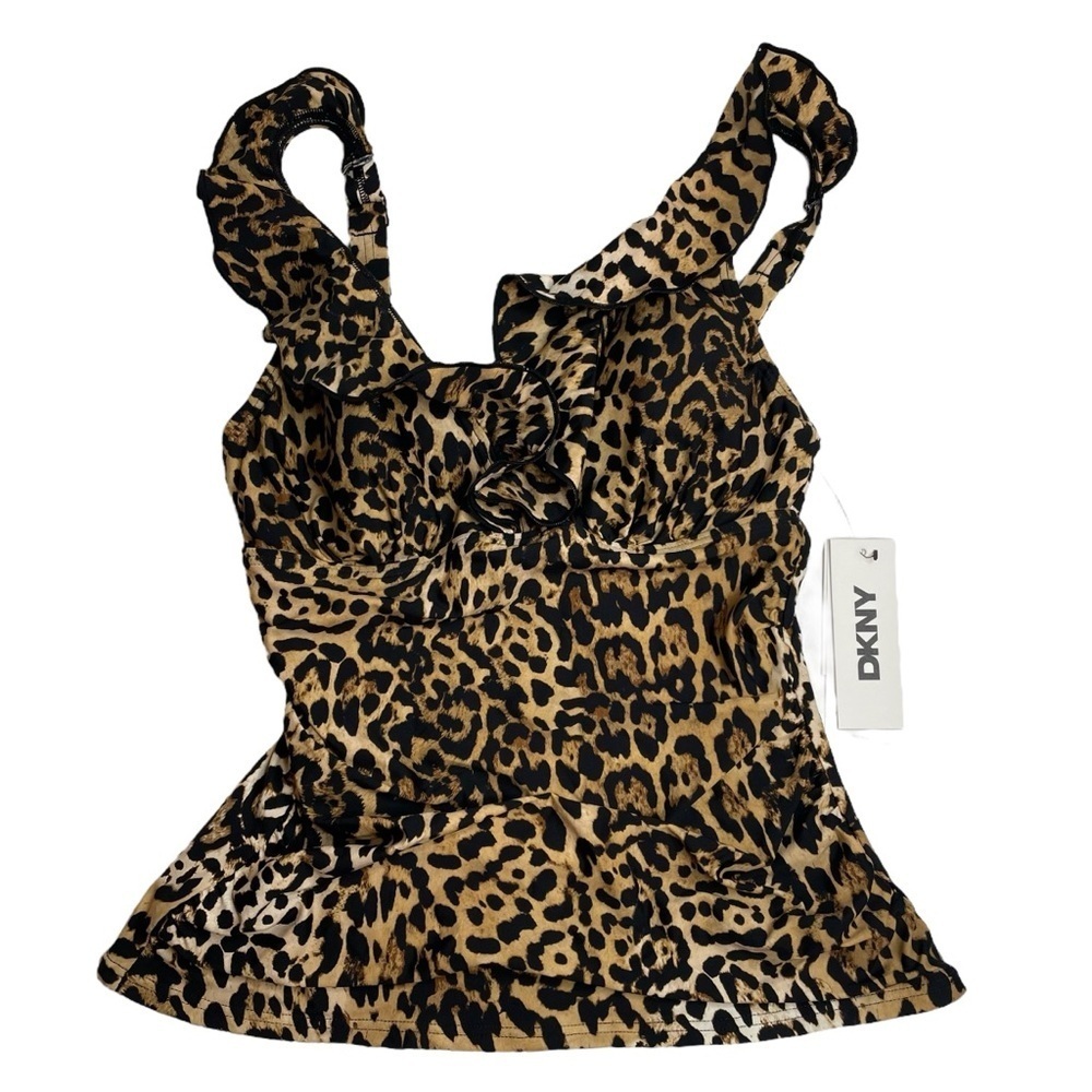 DKNY Ruffled Tummy-Control Tankini Top Animal Print Underwire Small New